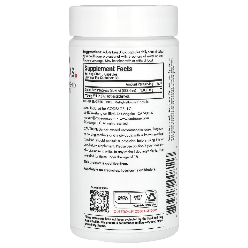 Codeage, Grass-Fed Beef Pancreas, 180 Capsules (500 mg per Capsule)