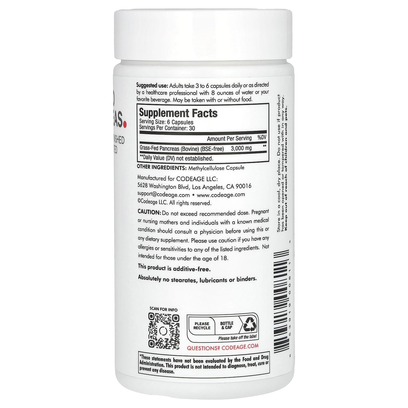 Codeage, Grass-Fed Beef Pancreas, 180 Capsules (500 mg per Capsule)