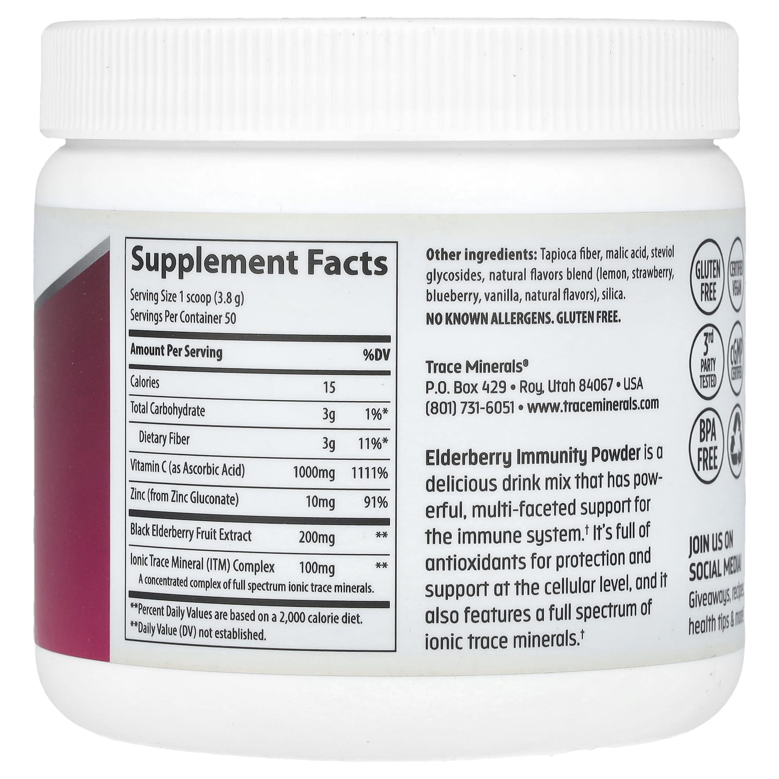 Trace, Elderberry Immunity Powder, Lemon Berry, 6.7 oz (190 g)
