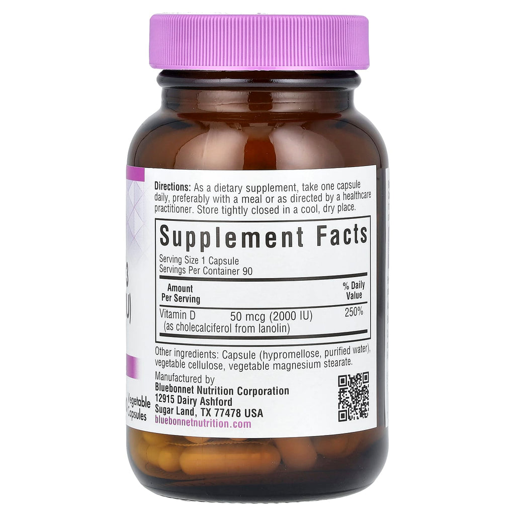 Bluebonnet Nutrition, Vitamin D3, 50 mcg (2,000 IU), 90 Vegetable Capsules