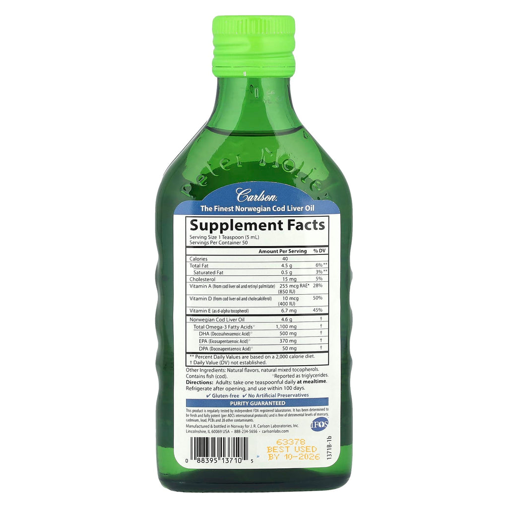 Carlson, Cod Liver Oil, Natural Green Apple , 1,100 mg, 8.4 fl oz (250 ml)