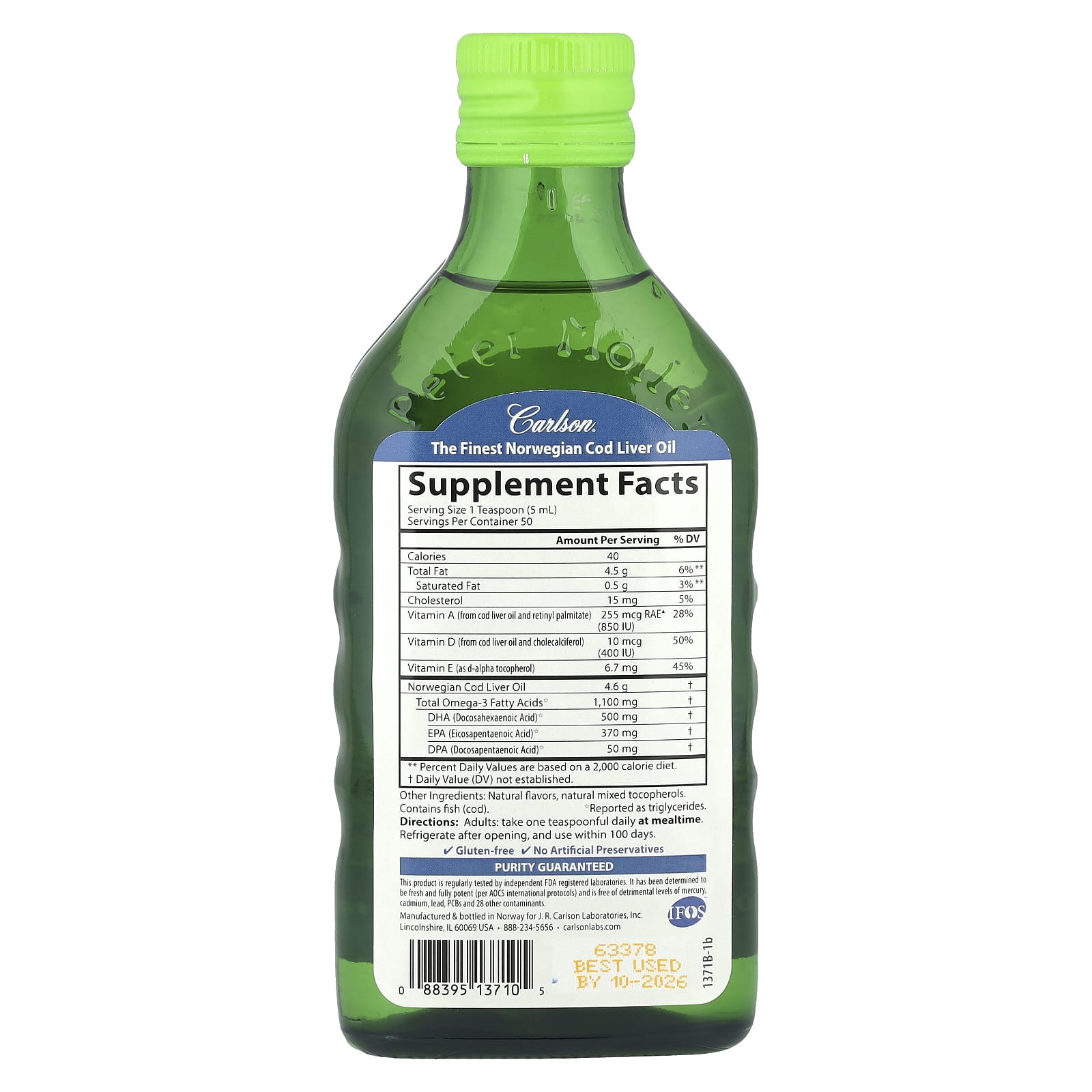 Carlson, Cod Liver Oil, Natural Green Apple , 1,100 mg, 8.4 fl oz (250 ml)