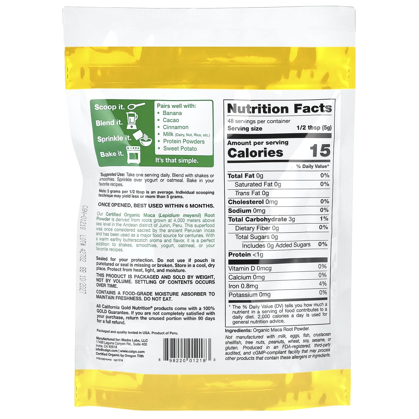 California Gold Nutrition, Superfoods, Certified Organic Peruvian Maca Root Powder, 8.5 oz (240 g)