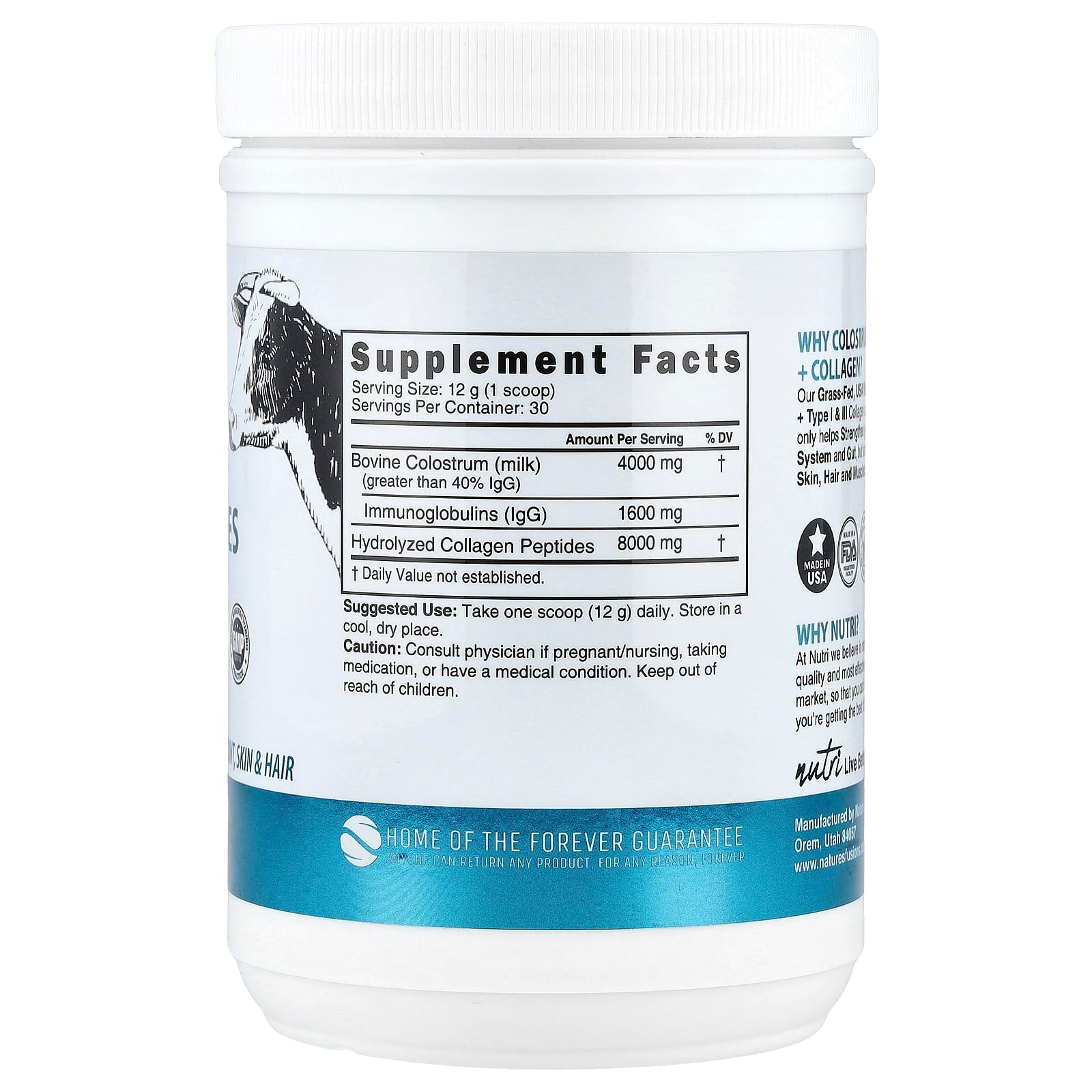 Nutri, Colostrum + Collagen Peptides, Unflavored, 12.7 oz (360 g)
