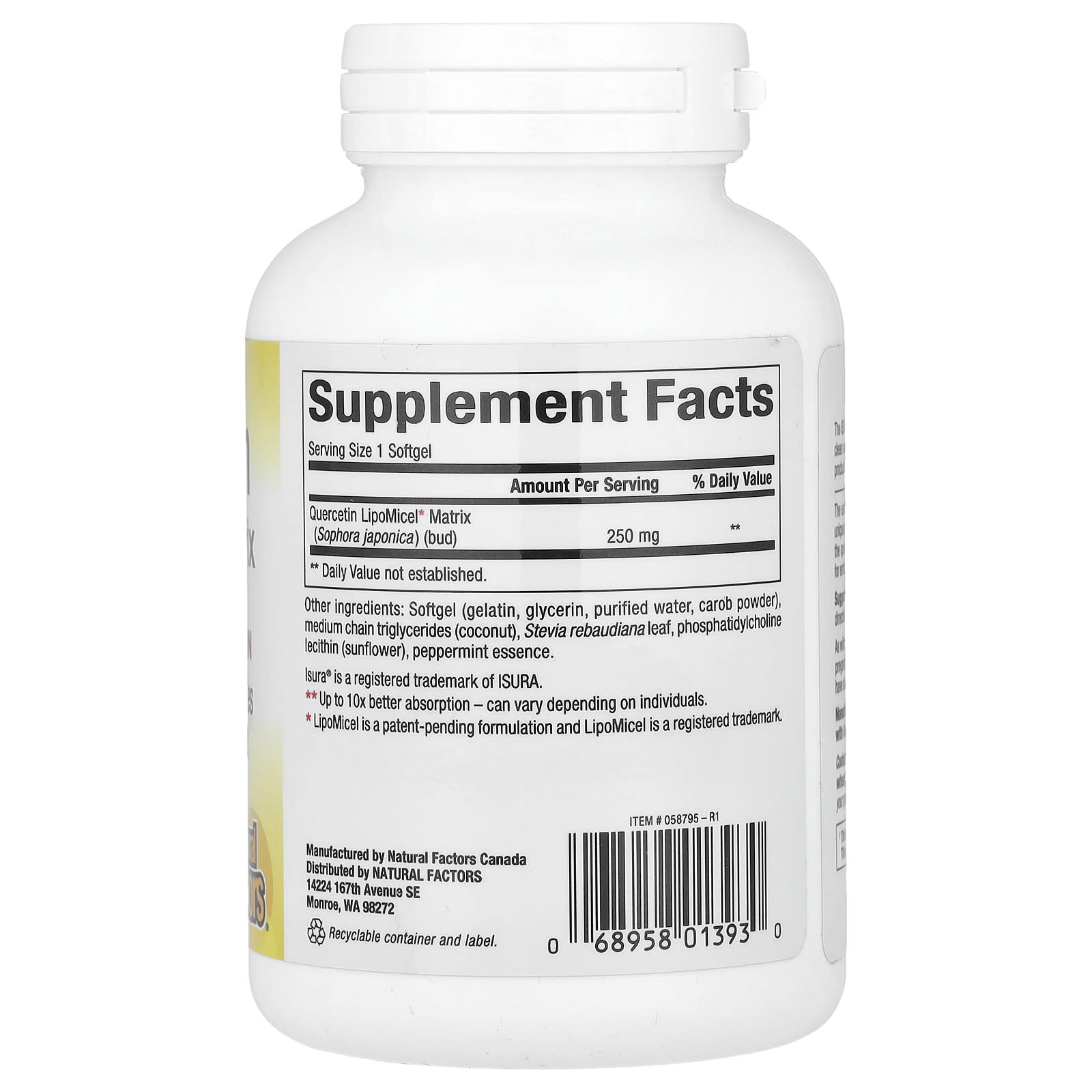Natural Factors, Quercetin LipoMicel Matrix, 250 mg, 120 Liquid Softgels