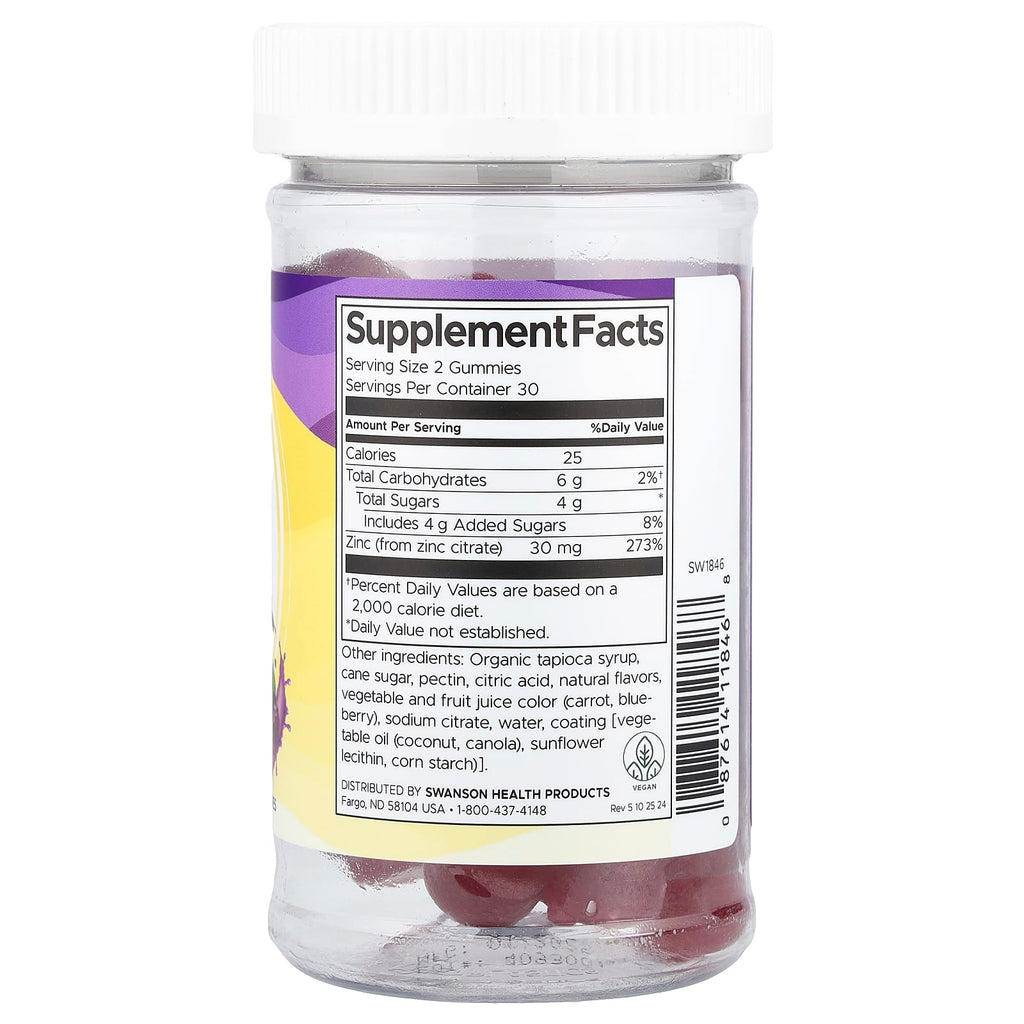 Swanson, Zinc Gummies, Elderberry , 60 Gummies (15 mg per Gummy)