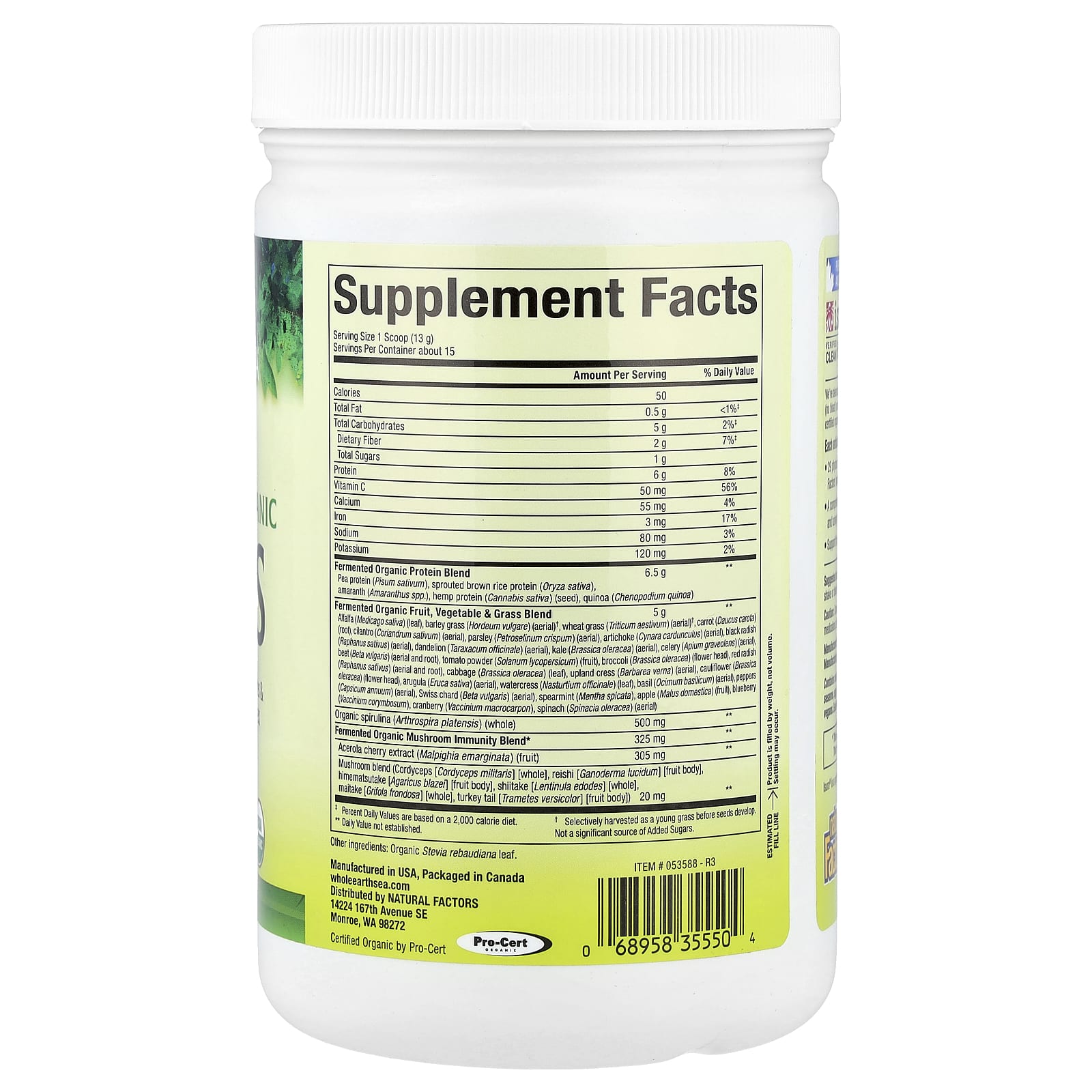 Natural Factors, Whole Earth & Sea®, Organic Greens, Unflavored, 6.9 oz (195 g)