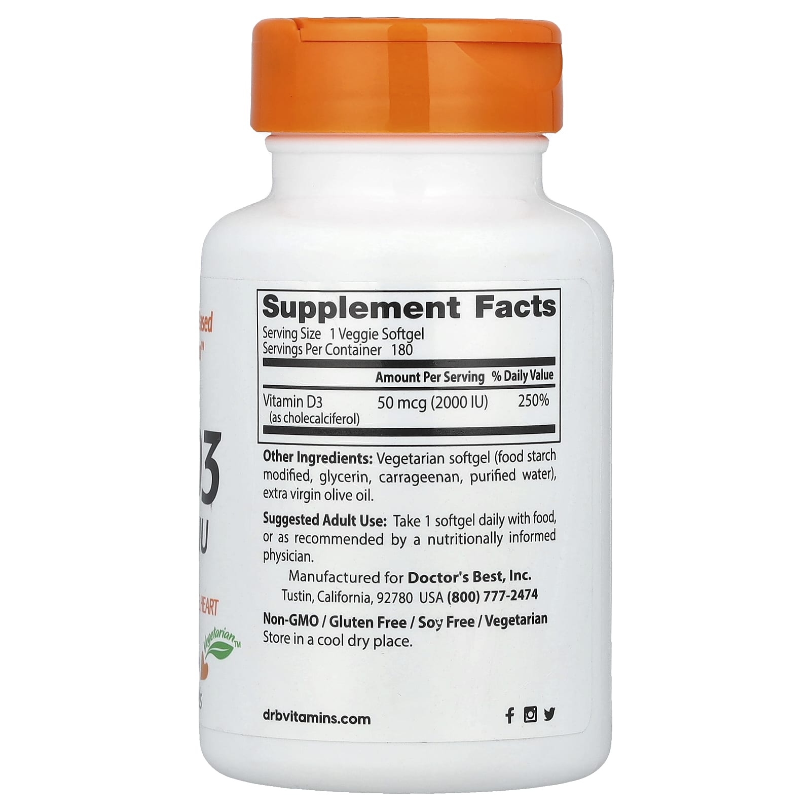 Doctor's Best, Vitamin D3, 50 mcg (2,000 IU), 180 Veggie Softgels