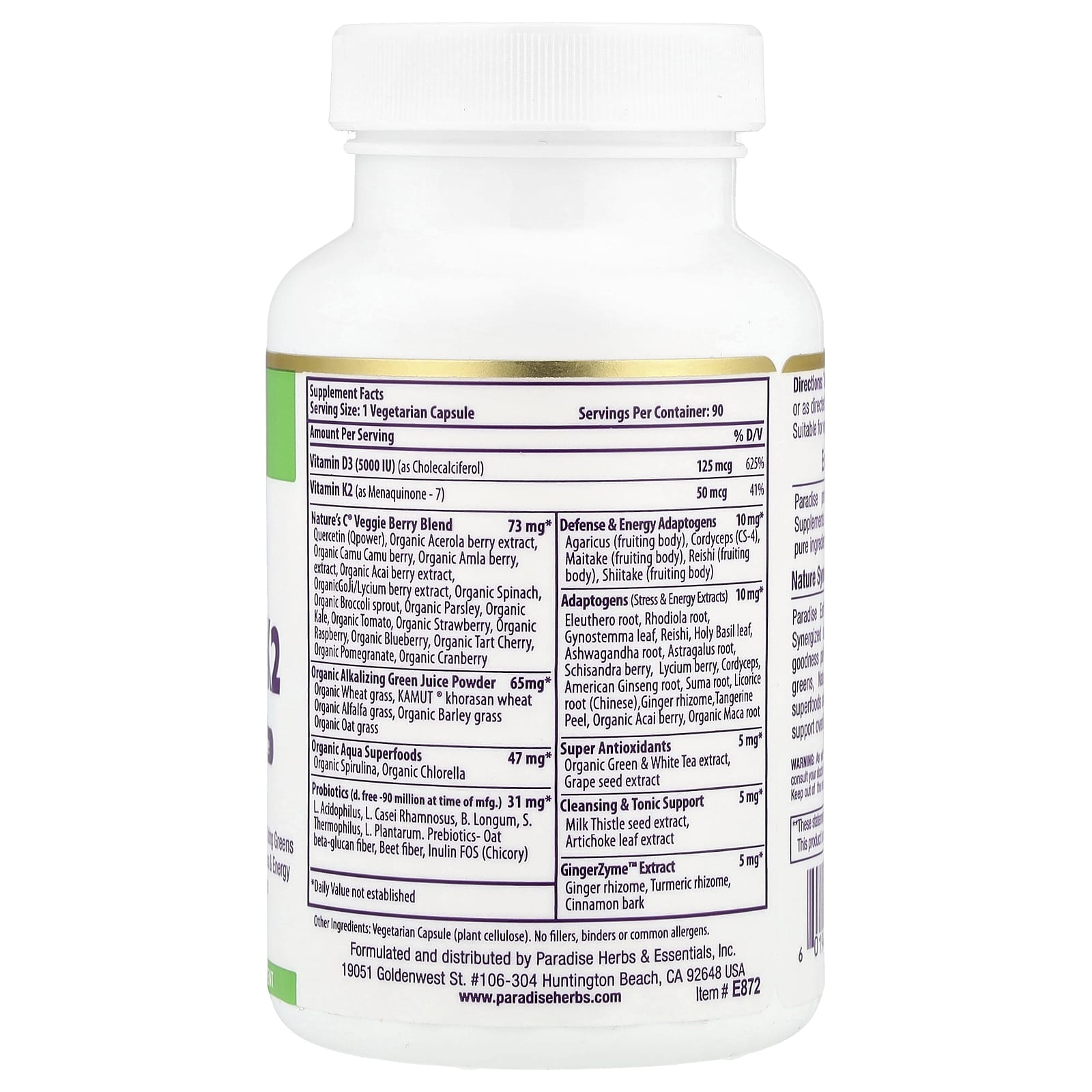Paradise Herbs, Earth's Blend®, Vitamin D3 + K2, 90 Vegetarian Capsules