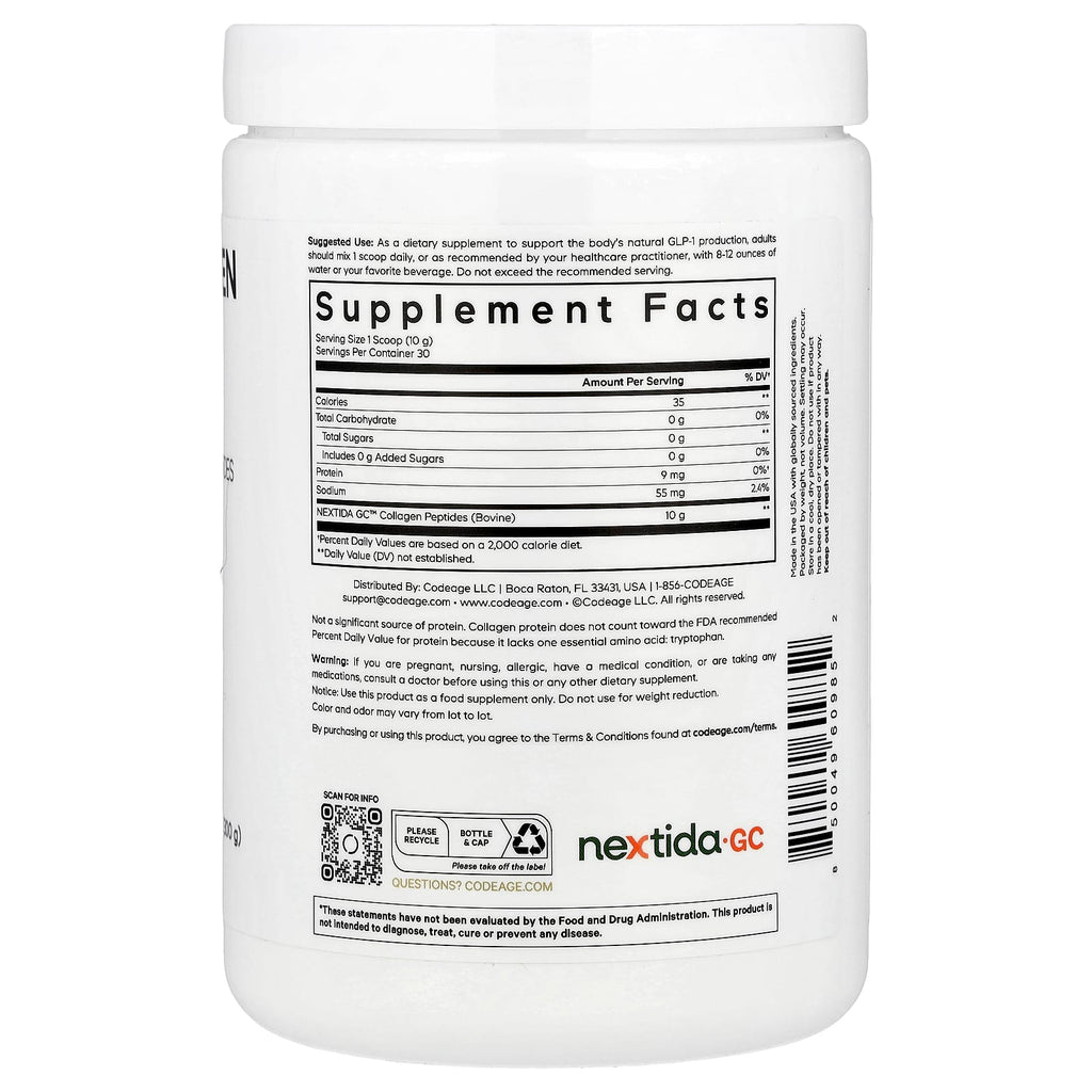 Codeage, GLP-1 Collagen Peptides Powder, Trim & Glow®, Unflavored, 10.58 oz (300 g)