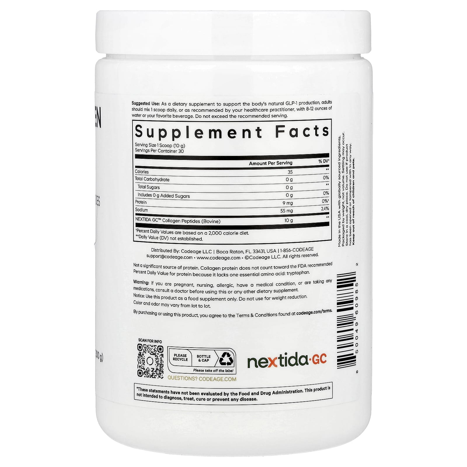 Codeage, GLP-1 Collagen Peptides Powder, Trim & Glow®, Unflavored, 10.58 oz (300 g)