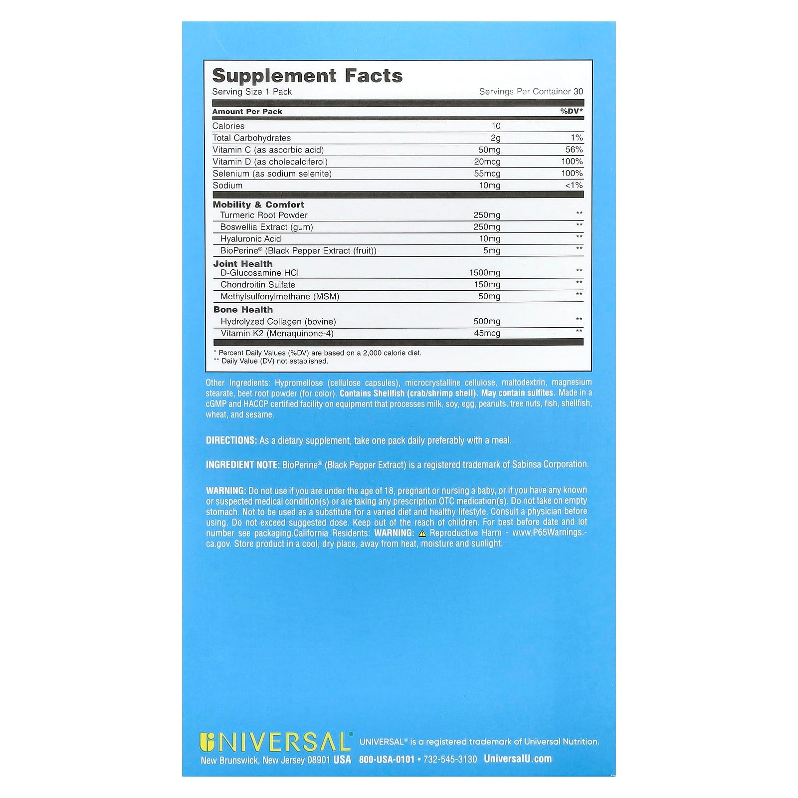 Universal U, Mobility & Bone Support, 30 Pill Packs