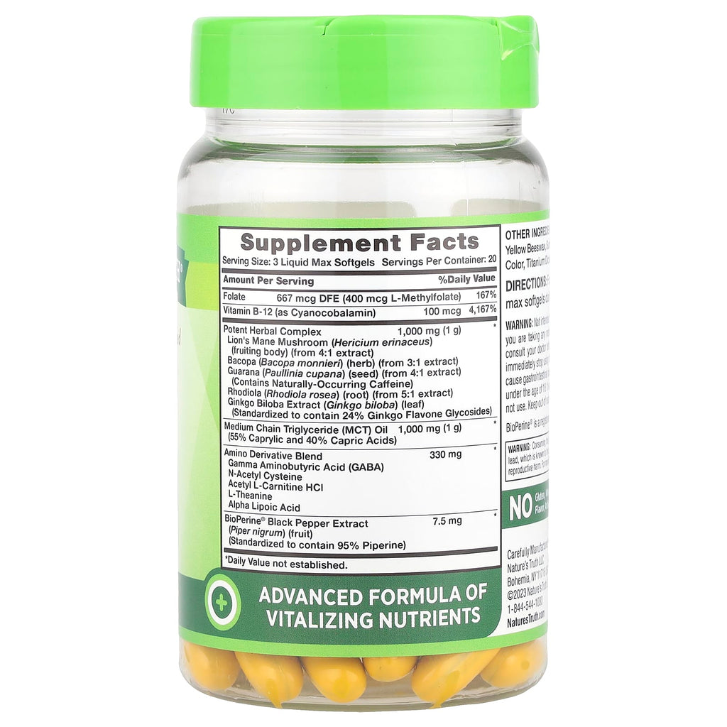 Nature's Truth, Brain Up™, With L-Theanine, Bacopa, B-12, MCT, 60 Liquid Max Softgels