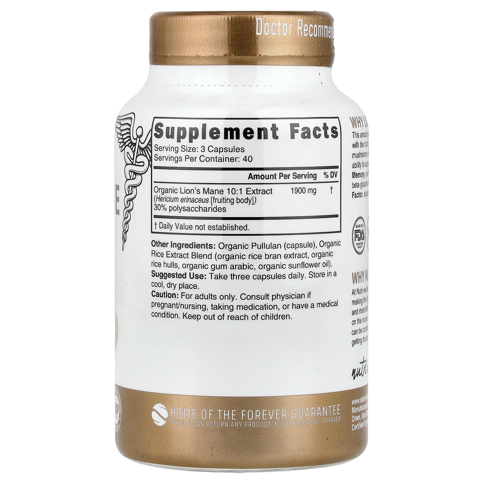 Nutri, Organic Lion's Mane, 120 Organic Capsules (633 mg per Capsule)