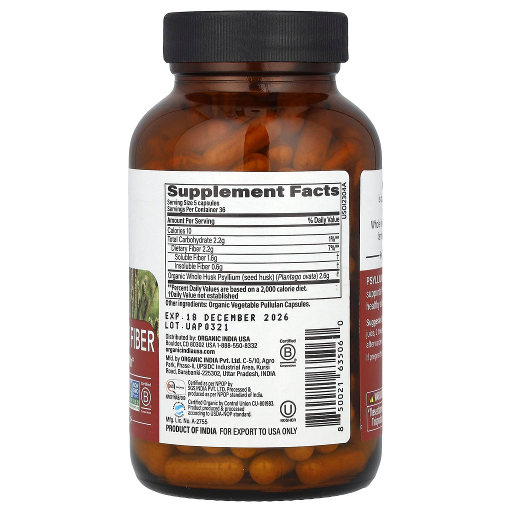 Organic India, Organic Psyllium Fiber, 180 Veg Caps (0.52 g per Capsule)