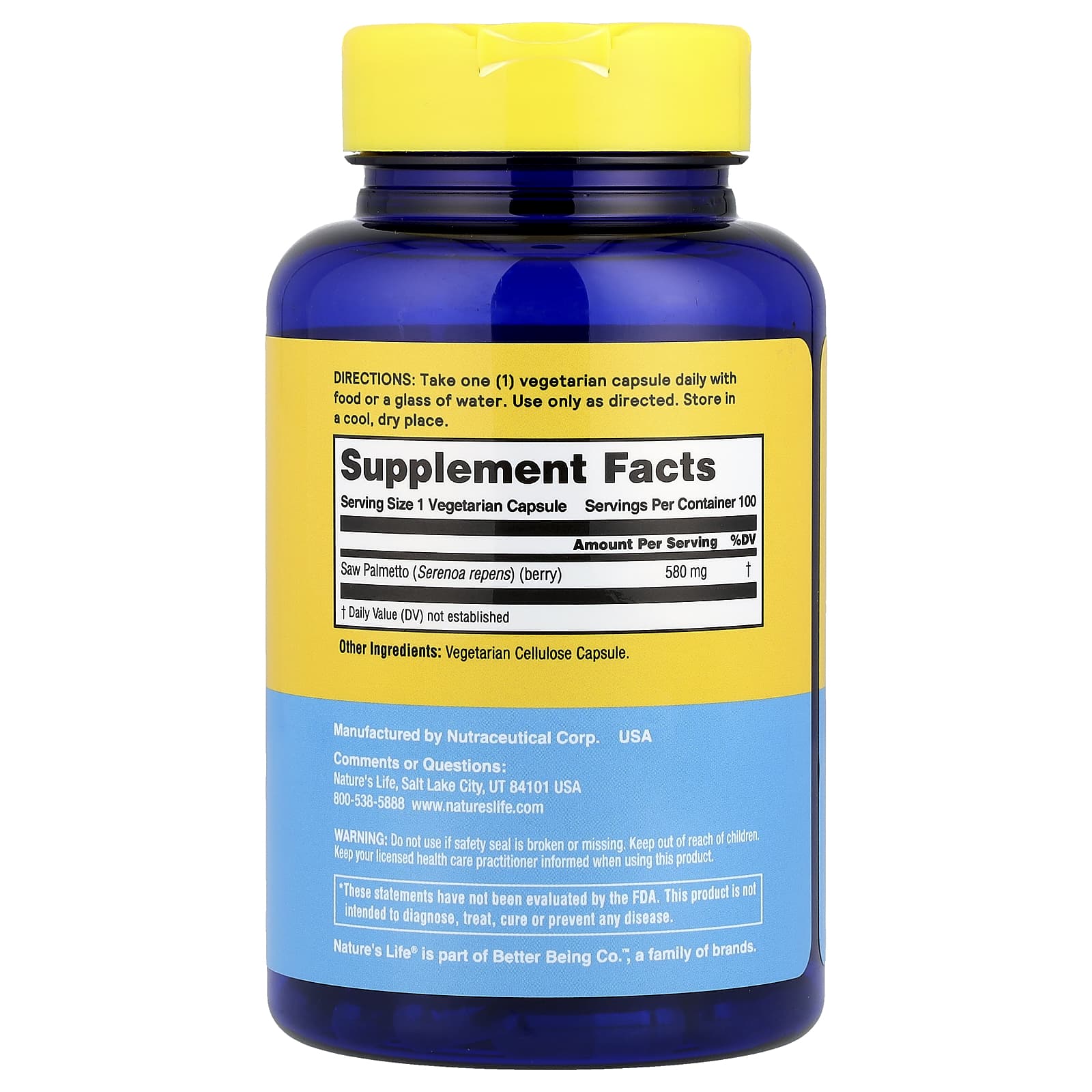Nature's Life, Saw Palmetto, 580 mg, 100 Capsules