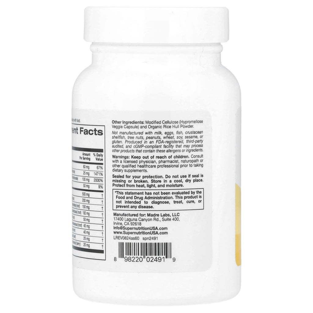 Super Nutrition, Adrenal Support with L-Tyrosine, Rhodiola Extract, Ashwagandha Extract, and Eleuthero Extract, 60 Veggie Capsules