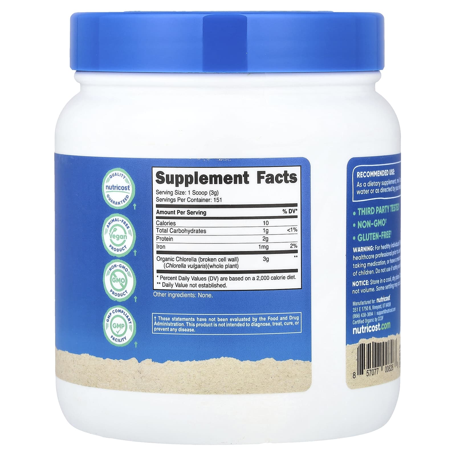 Nutricost, Organic Chlorella Powder, Unflavored , 16 oz (454 g)