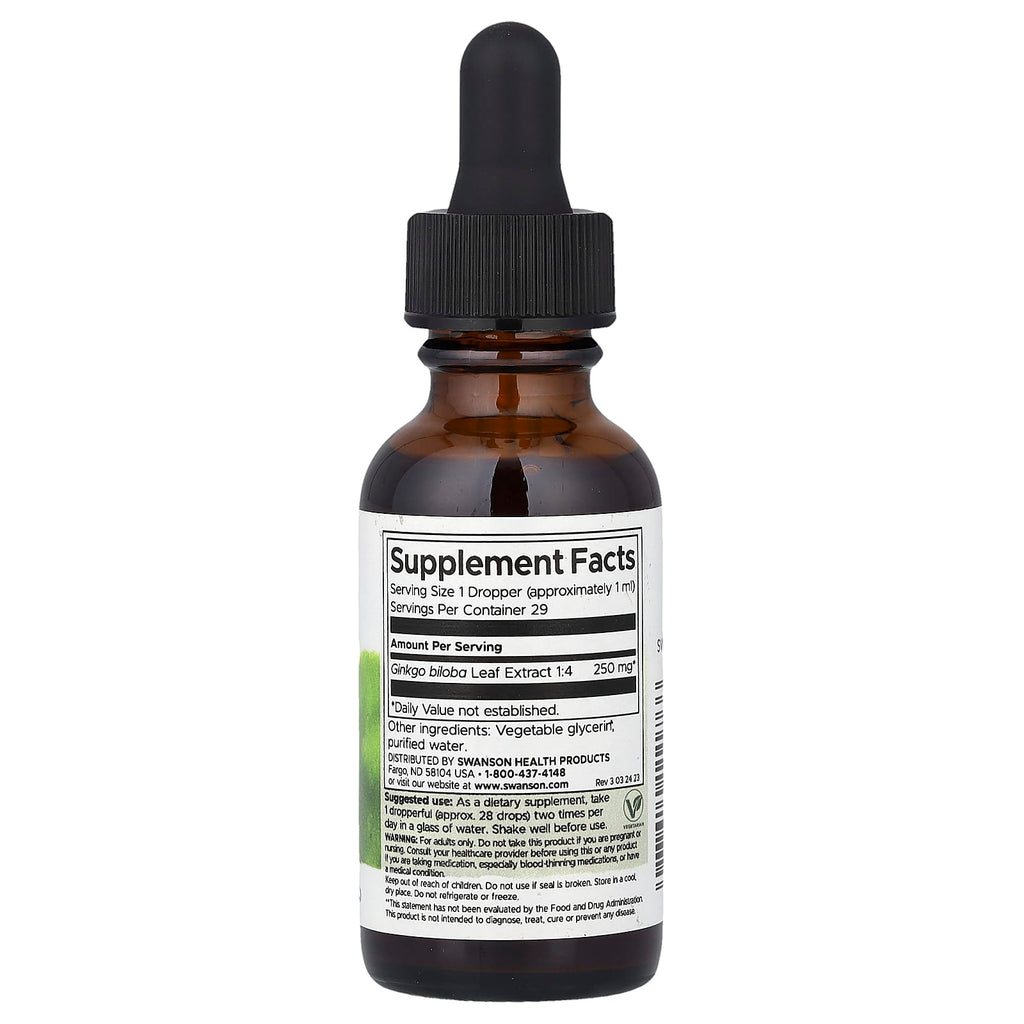 Swanson, Ginkgo Biloba Liquid Extract, Alcohol & Sugar Free, 1 fl oz (29.6 ml)