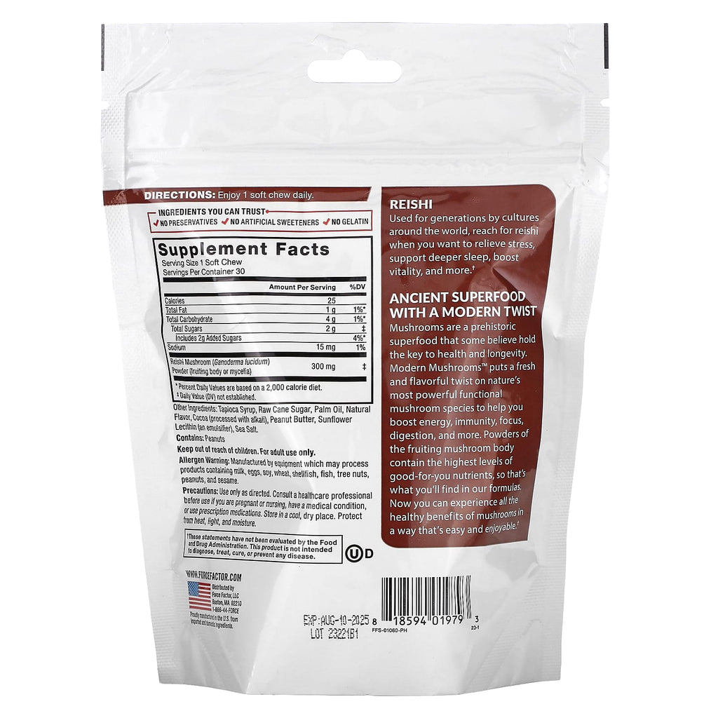 Force Factor, Modern Mushrooms™, Reishi, Chocolate Peanut Butter Cup, 30 Superfood Soft Chews (300 mg per Soft Chew) 