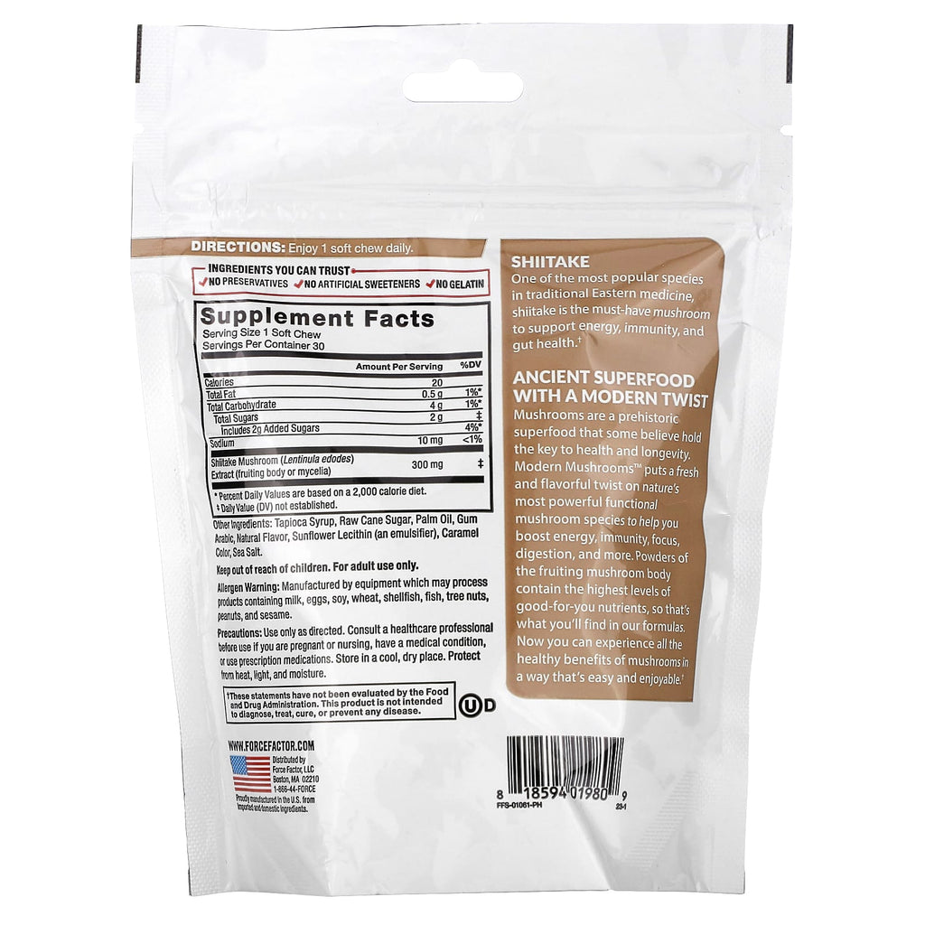 Force Factor, Modern Mushrooms™, Shiitake, Caramel Apple, 30 Superfood Soft Chews (300 mg per Soft Chew) 
