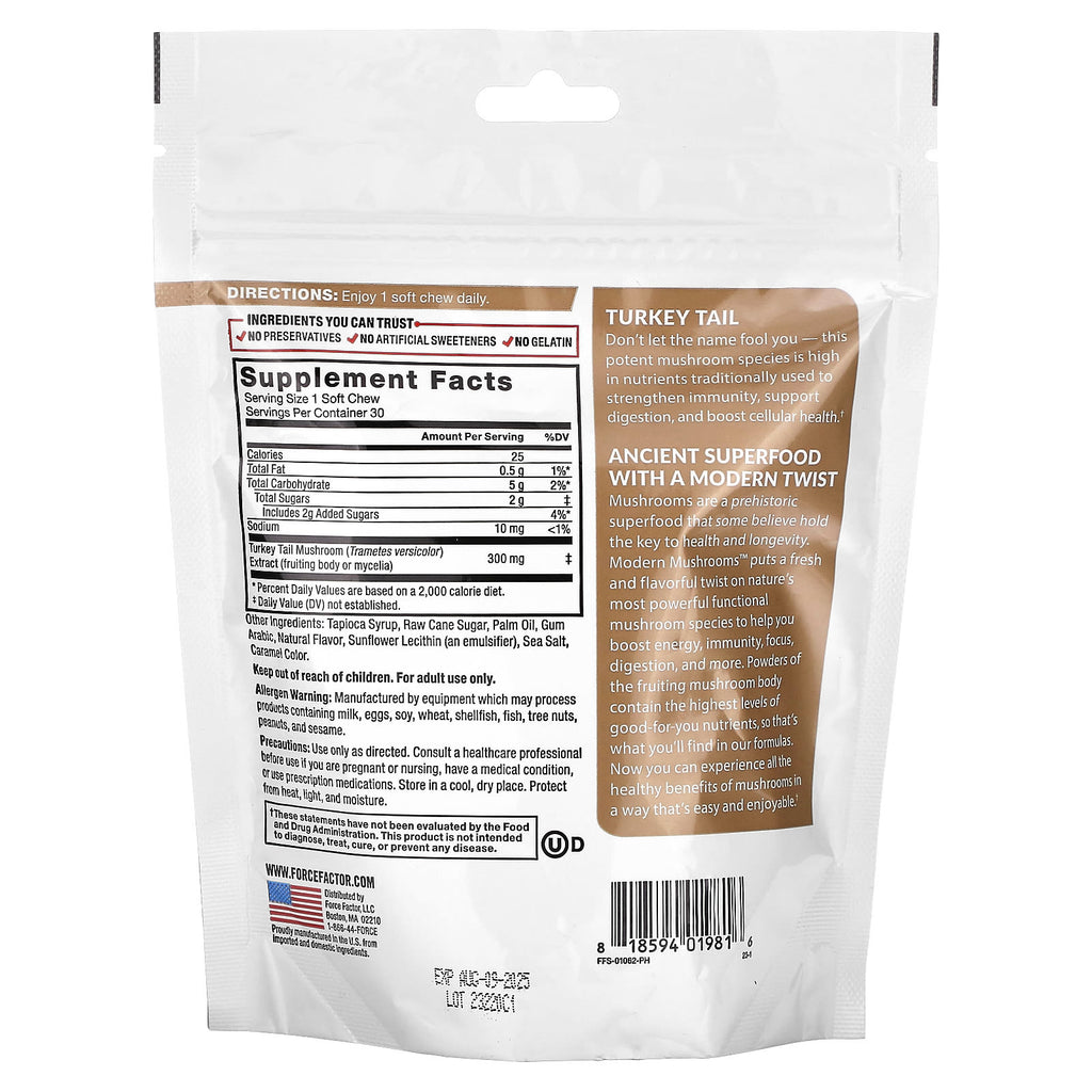 Force Factor, Modern Mushrooms™, Turkey Tail, S'mores, 300 mg, 30 Superfood Soft Chews 