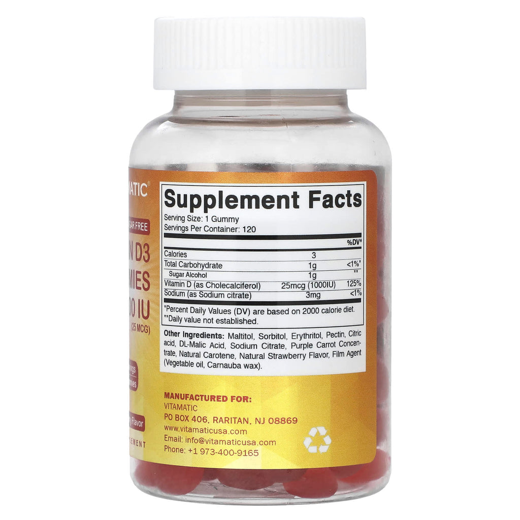 Vitamatic, Vitamin D3 Gummies, Natural Strawberry, 1,000 IU (25 mcg), 120 Gummies