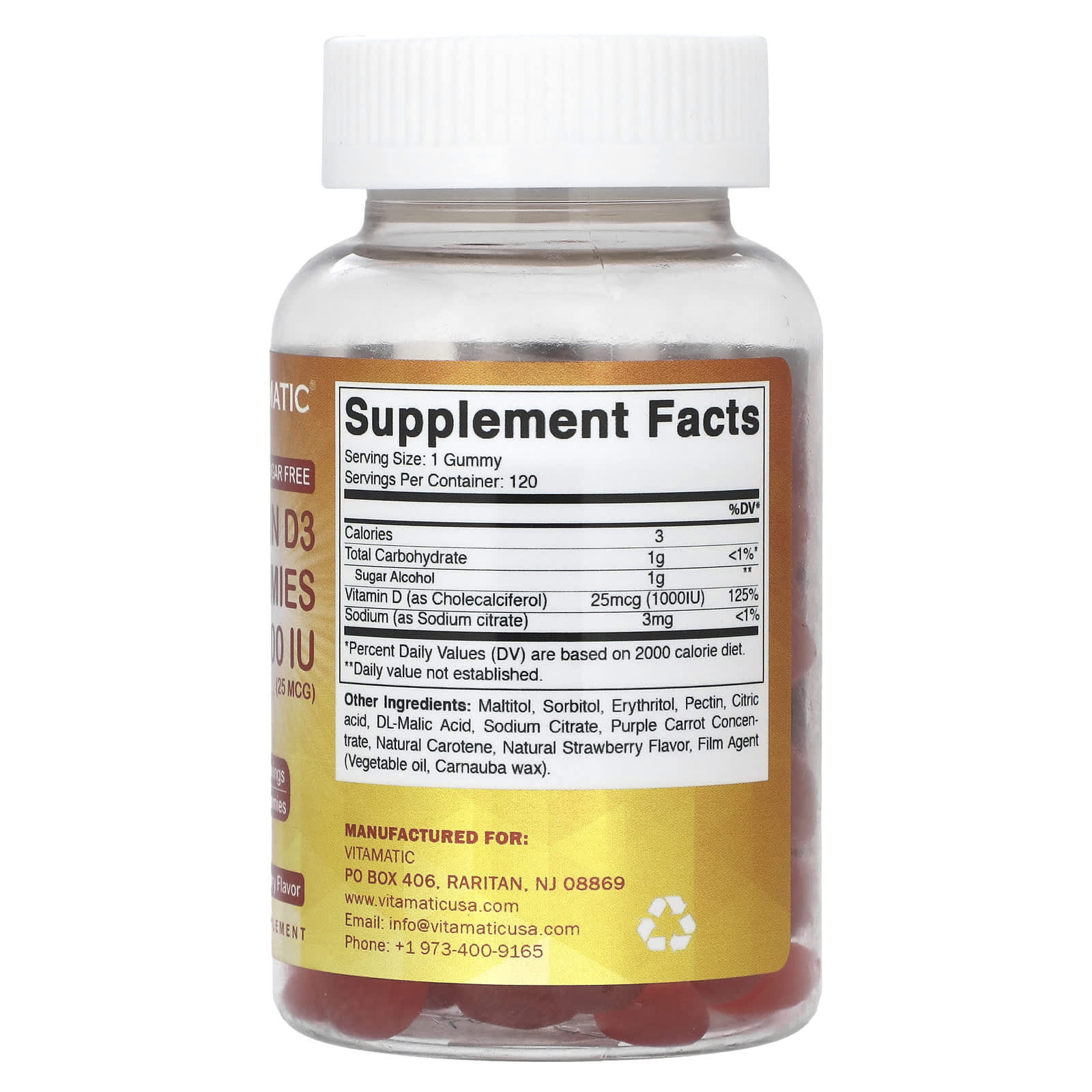 Vitamatic, Vitamin D3 Gummies, Natural Strawberry, 1,000 IU (25 mcg), 120 Gummies