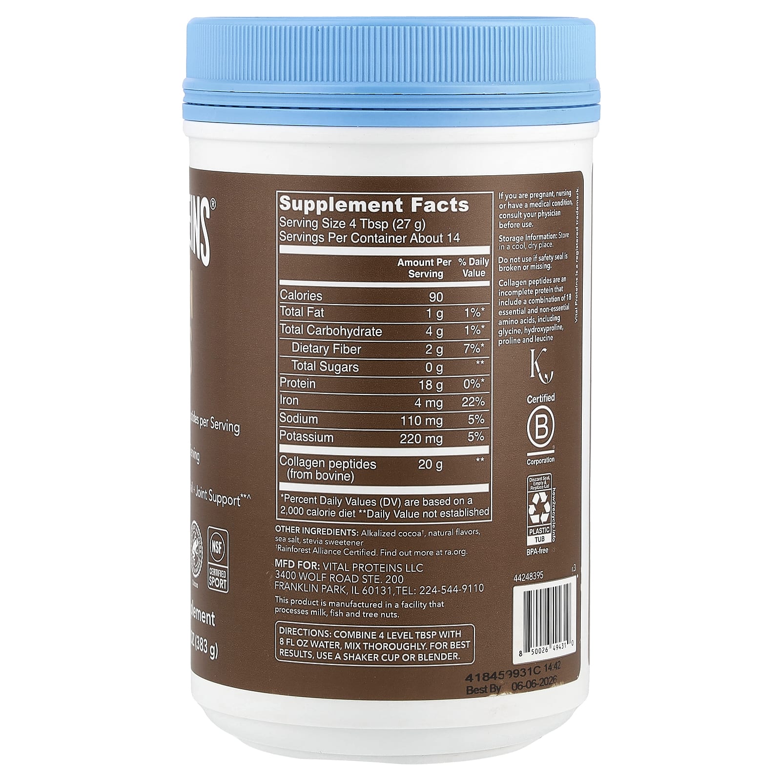Vital Proteins, Collagen Peptides, Chocolate, 13.5 oz (383 g)