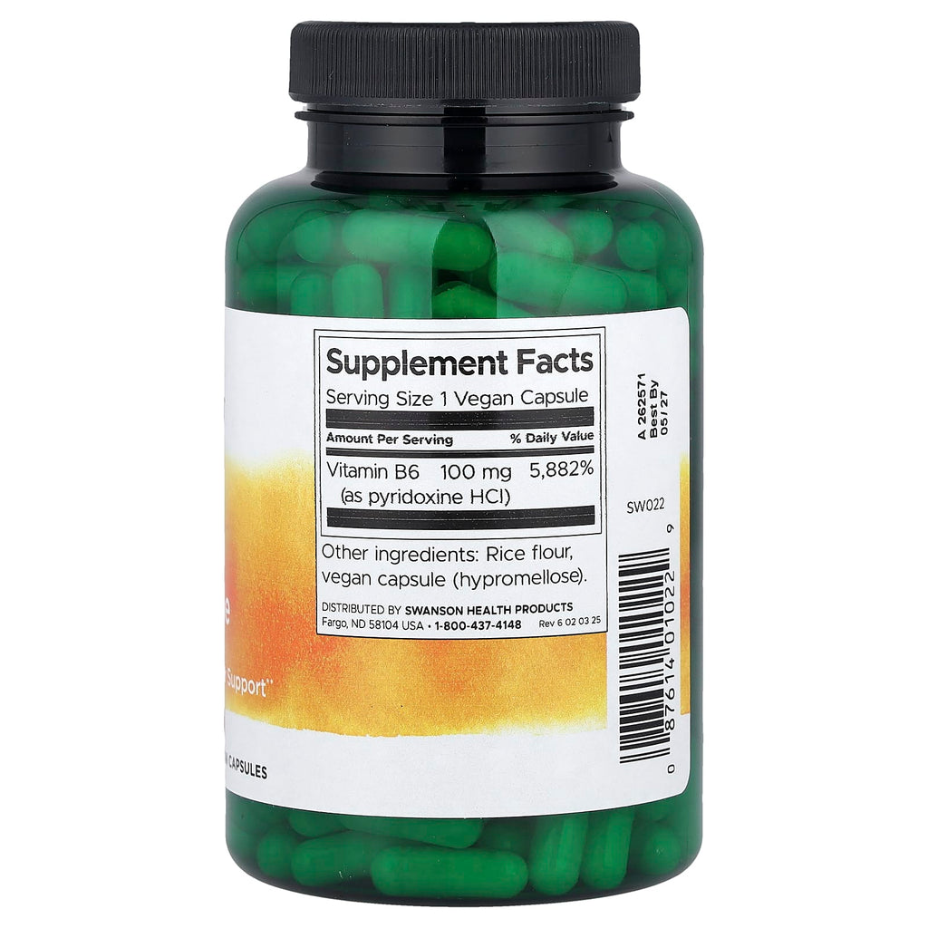 Swanson, Vitamin B6 Pyridoxine, 100 mg, 250 Vegan Capsules