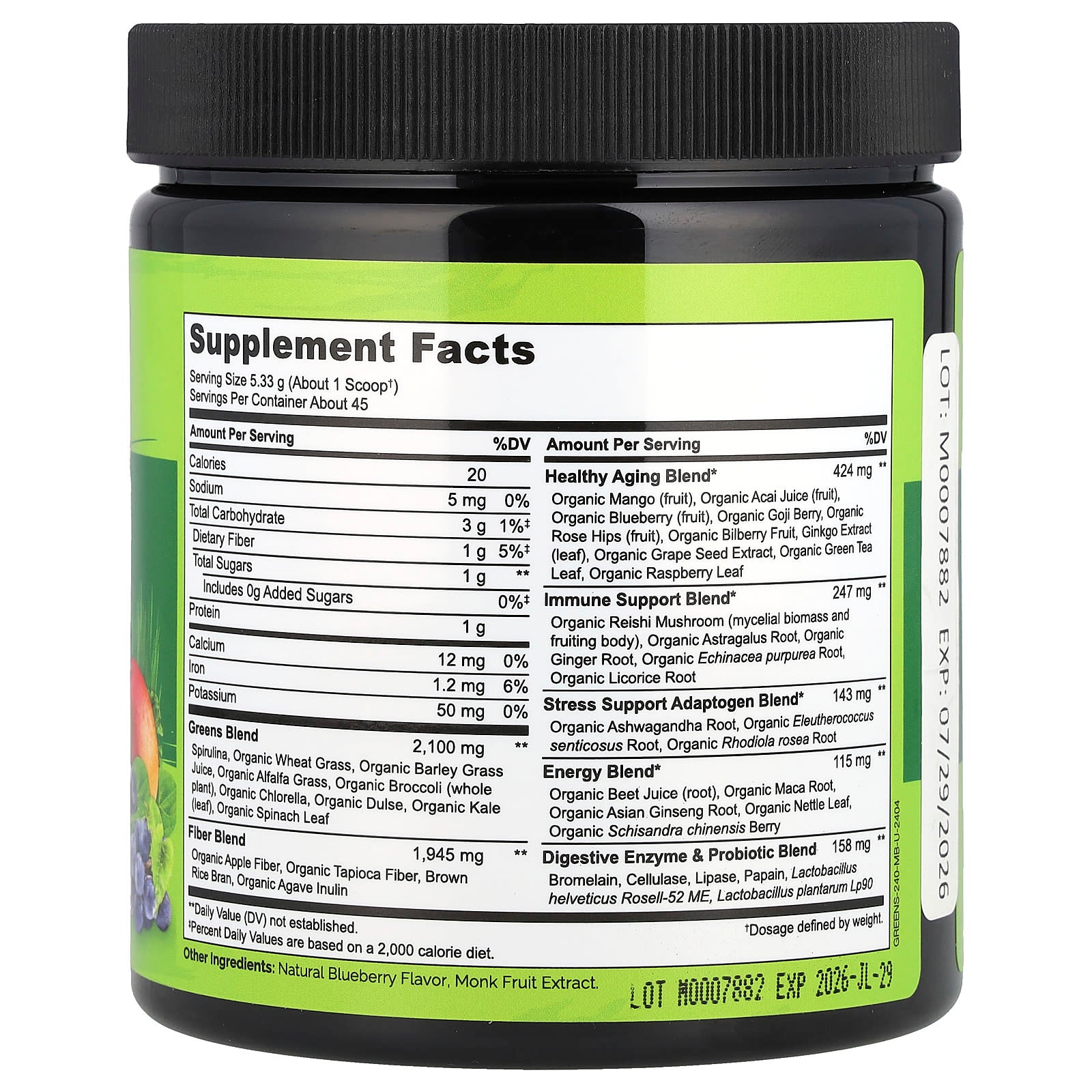 NATURELO, Raw Greens Whole Food Powder, Mixed Berry, 8.5 oz (240 g)