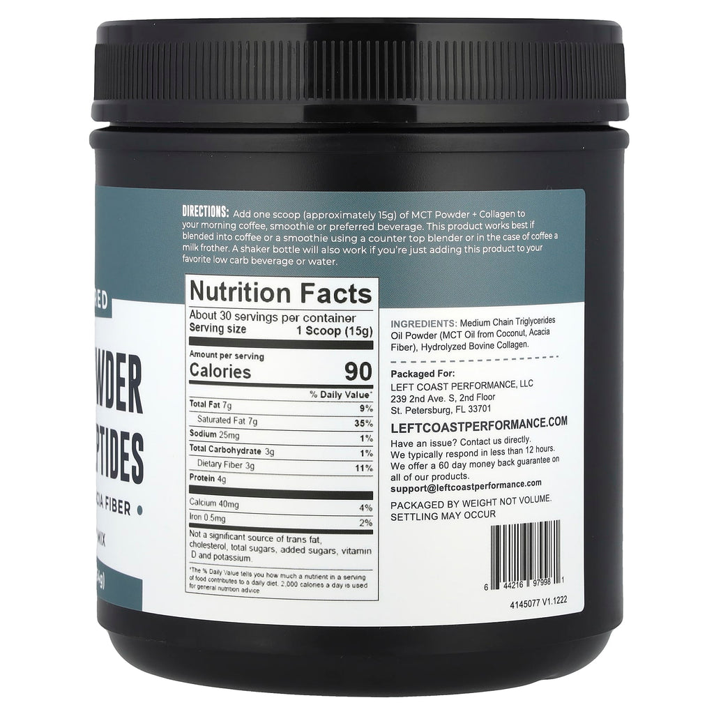 Left Coast Performance, MCT Oil Powder Collagen Peptides with Prebiotic Acacia Fiber, Unflavored, 1 lb (454 g)