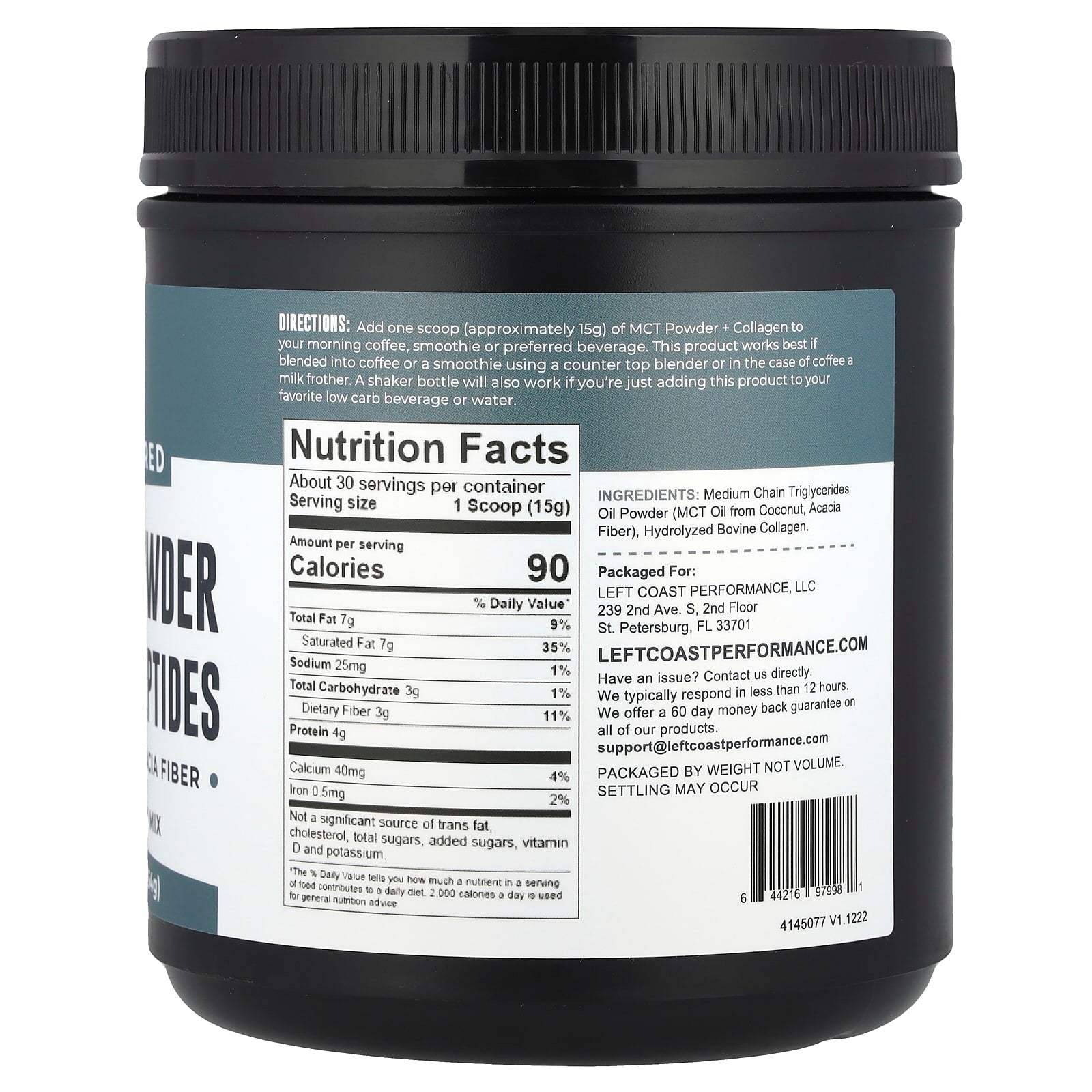 Left Coast Performance, MCT Oil Powder Collagen Peptides with Prebiotic Acacia Fiber, Unflavored, 1 lb (454 g)