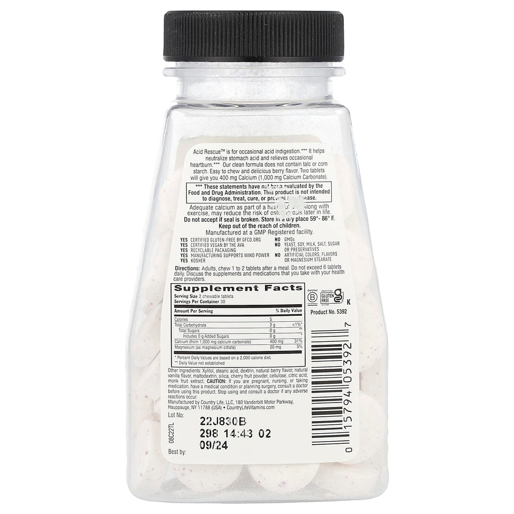 Country Life, Acid Rescue, Calcium Carbonate, Berry, 60 Chewable Tablets
