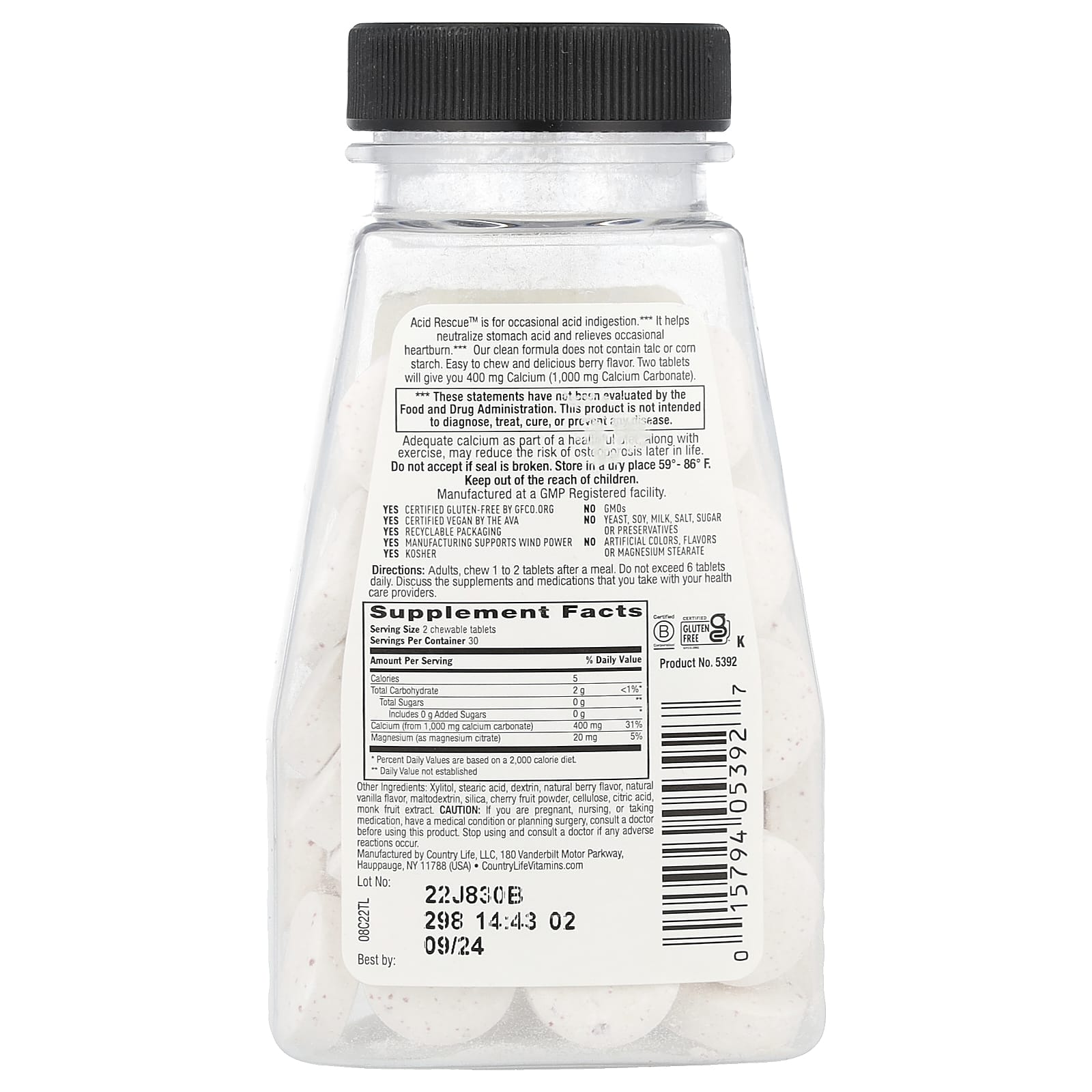 Country Life, Acid Rescue, Calcium Carbonate, Berry, 60 Chewable Tablets