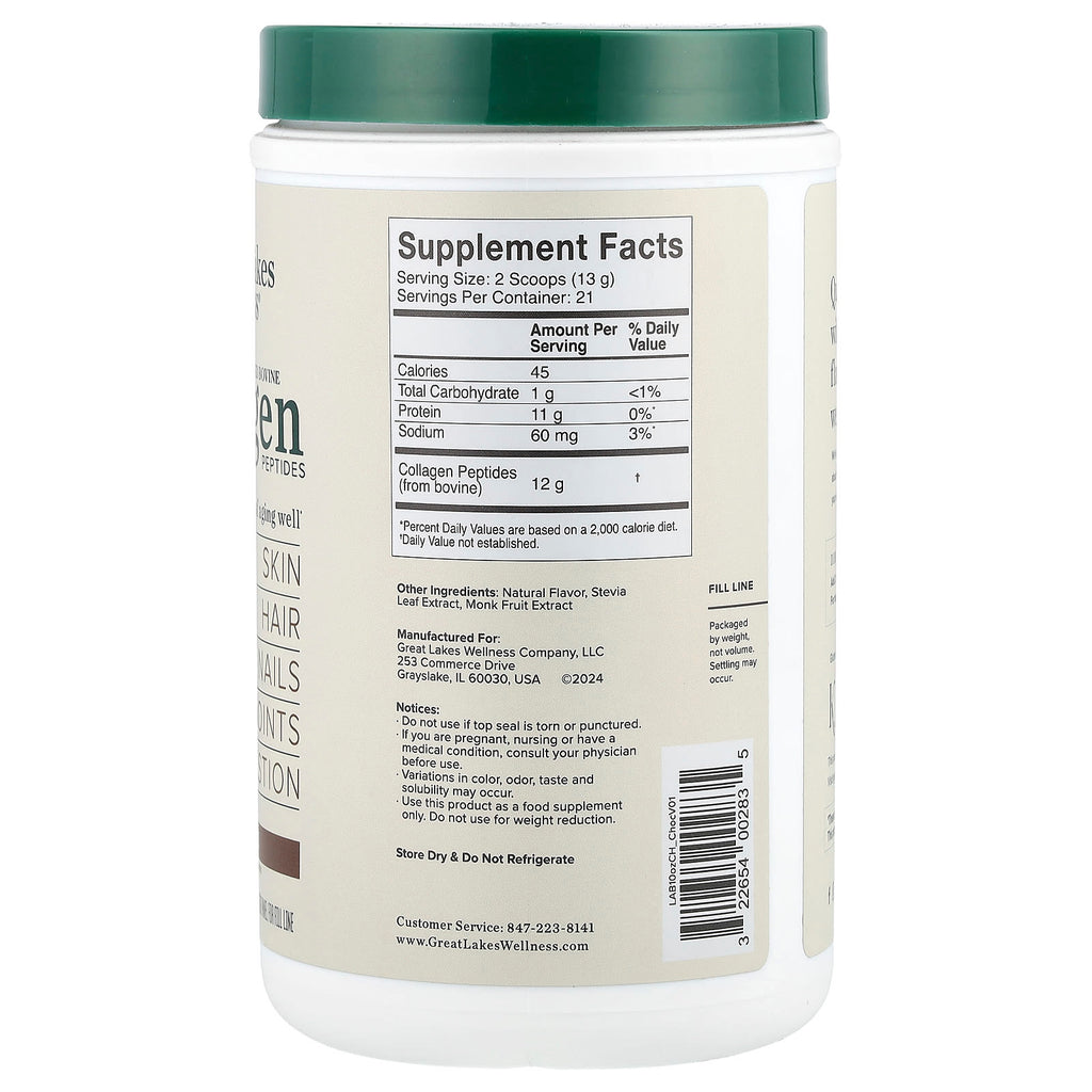 Great Lakes Wellness, Grass-Fed Bovine Collagen Peptides, Chocolate, 10 oz (284 g)