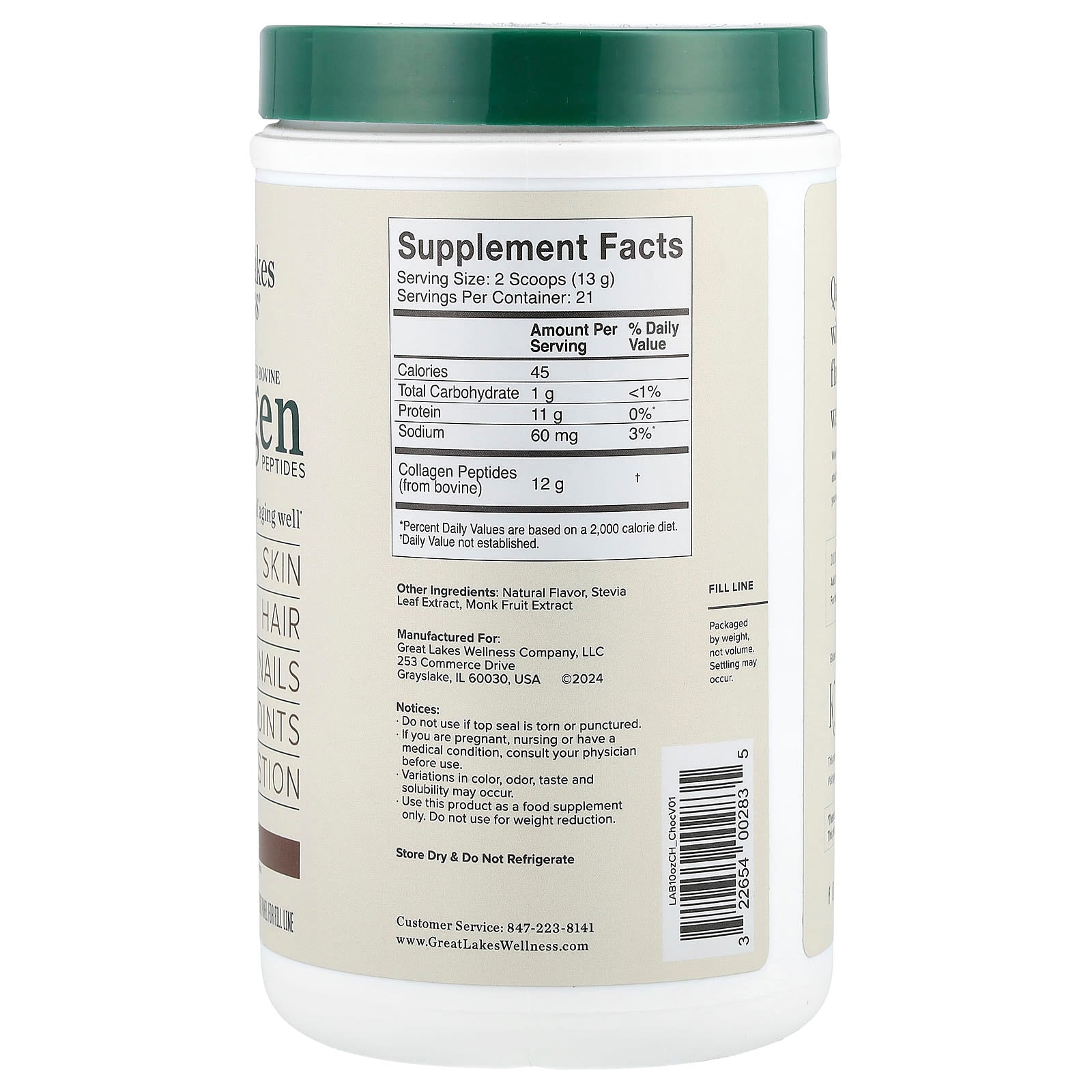 Great Lakes Wellness, Grass-Fed Bovine Collagen Peptides, Chocolate, 10 oz (284 g)