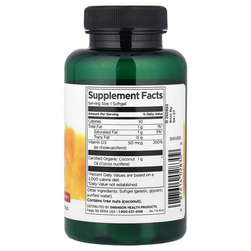 Swanson, Vitamin D3 with Coconut Oil, High Potency, 50 mcg (2,000 IU), 60 Softgels