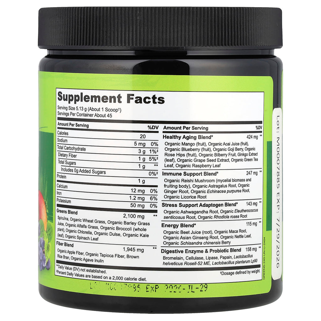 NATURELO, Raw Greens Whole Food Powder, Unsweetened, 8.5 oz (240 g)