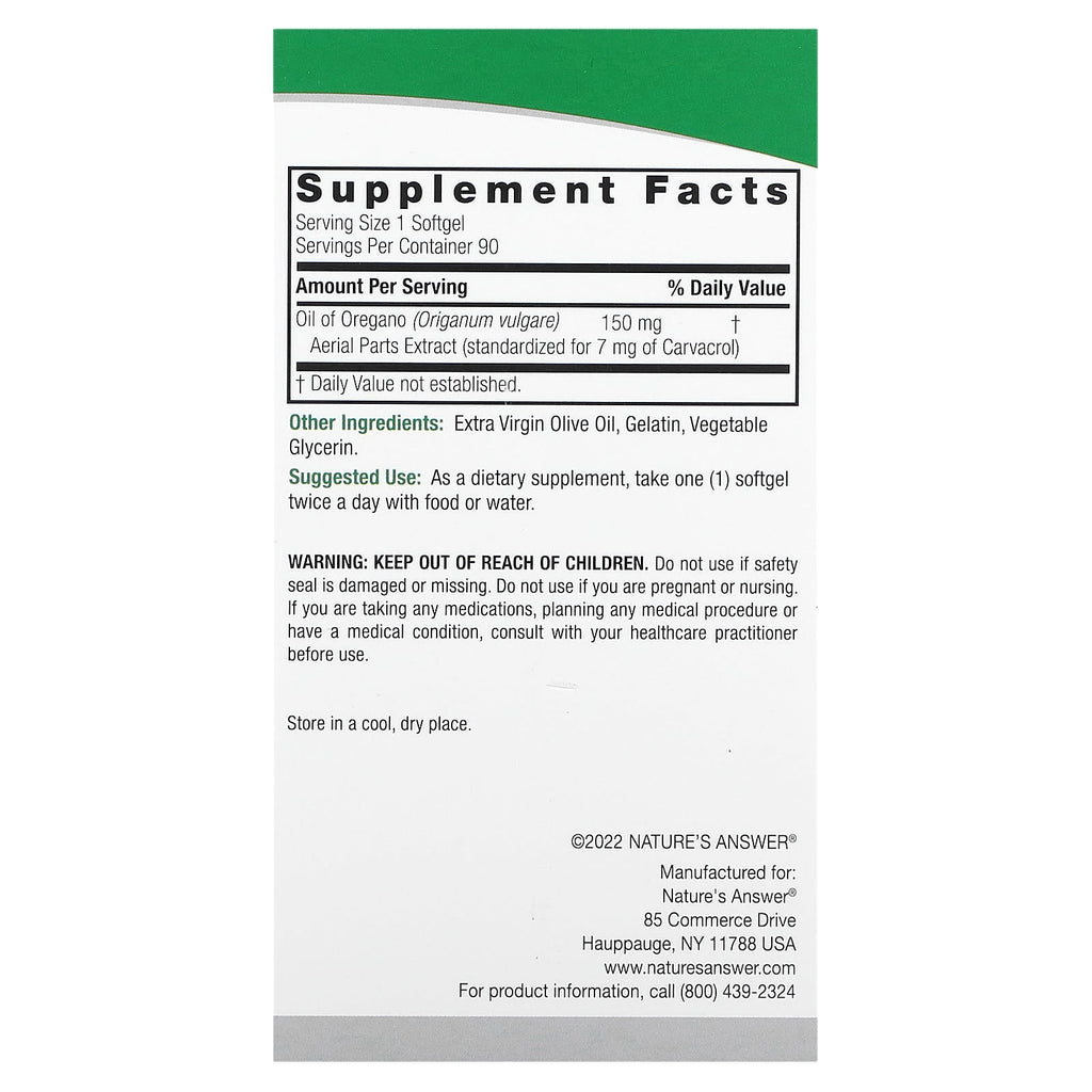 Nature's Answer, Oil of Oregano, 150 mg, 90 Softgels