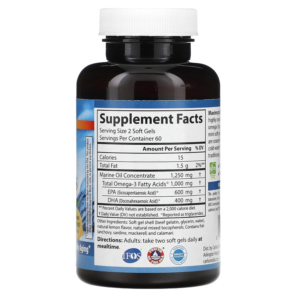 Carlson, Maximum Omega Minis, Natural Lemon, 120 Mini Softgels (500 mg per Soft Gel)