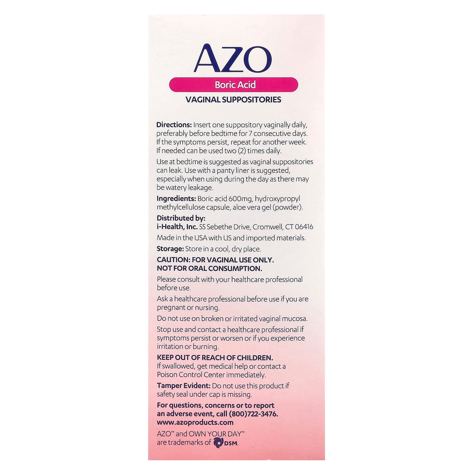 AZO, Boric Acid, Vaginal Suppositories, 600 mg, 30 Suppositories