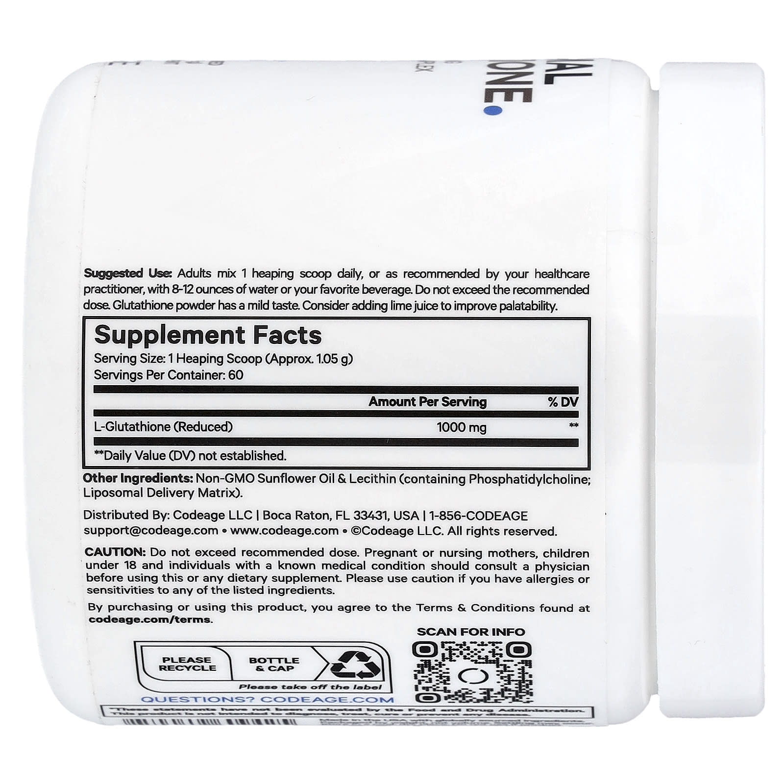 Codeage, Liposomal Glutathione Powder, Unflavored, 2.22 oz (63 g)