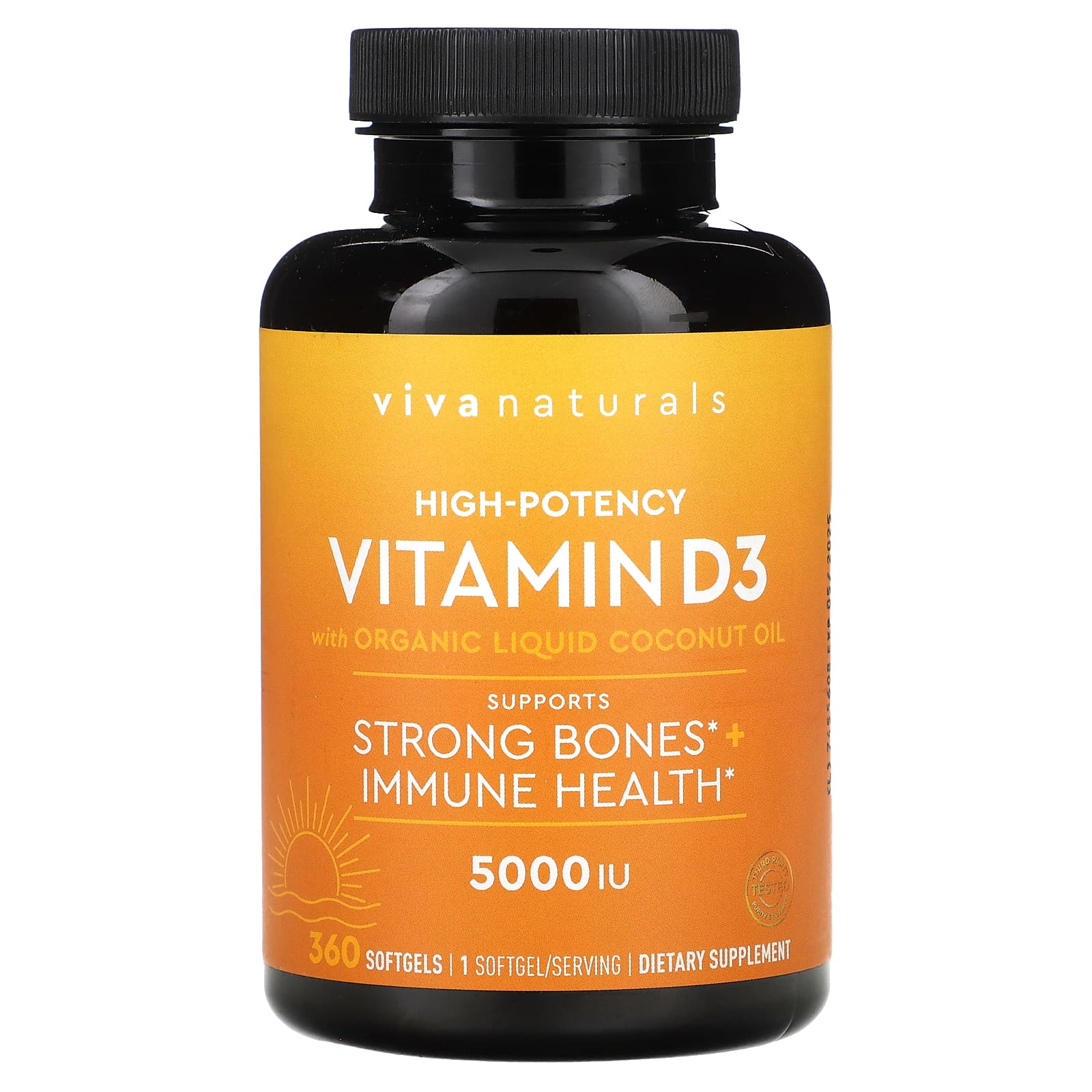 Viva Naturals, Vitamin D3 with Organic Liquid Coconut Oil, High-Potency, 5,000 IU, 360 Softgels