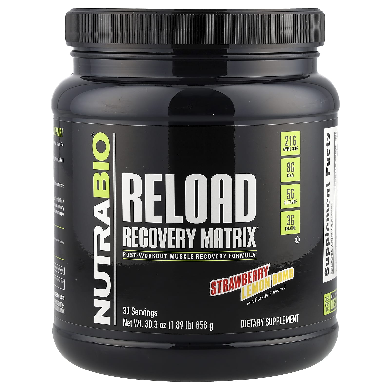 NutraBio, Reload Recovery Matrix, Strawberry Lemon Bomb, 1.89 lb (858 g) 