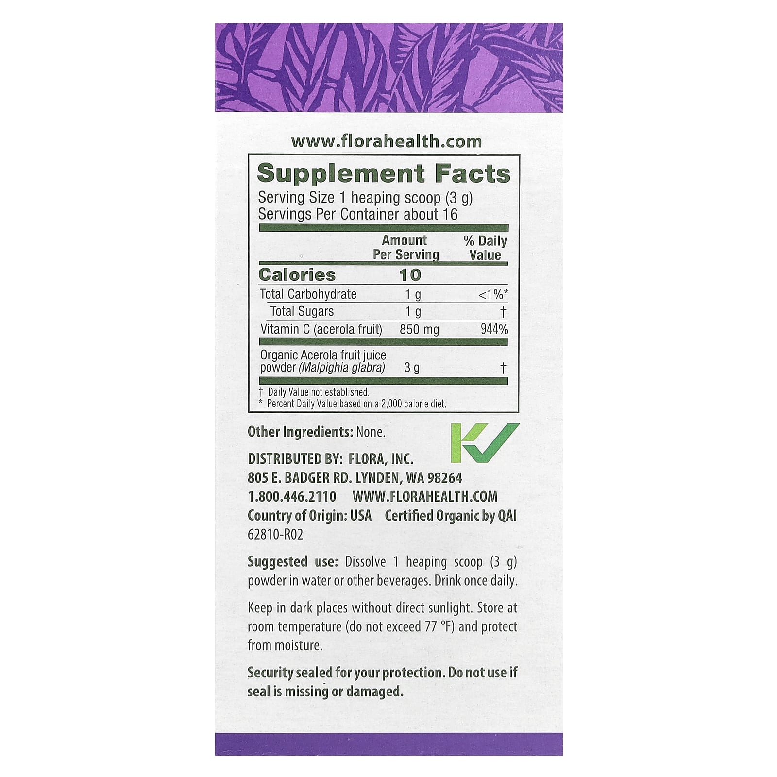 Flora, Certified Organic Acerola Powder, 1.7 oz (50 g)