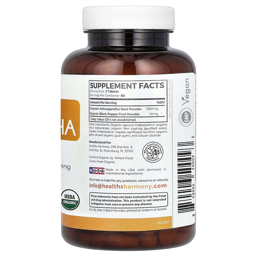 Healths Harmony, Organic Ashwagandha, 120 Tablets