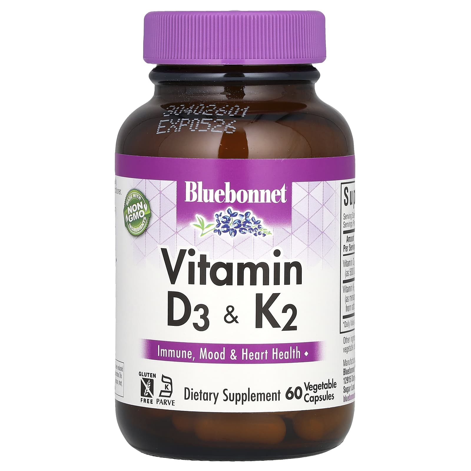 Bluebonnet Nutrition, Vitamin D3 & K2, 60 Vegetable Capsules