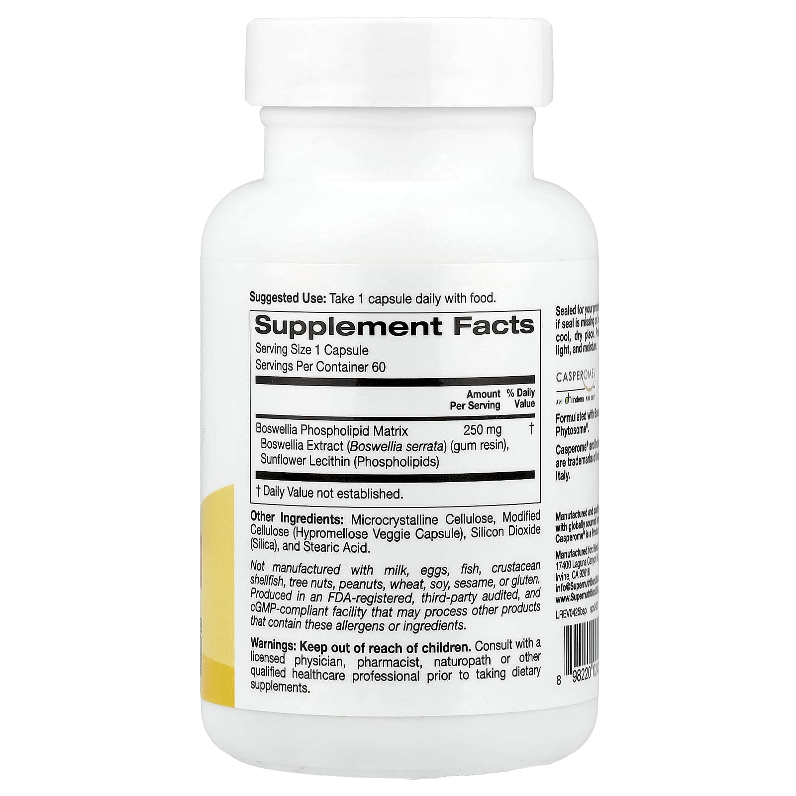 Super Nutrition, Boswellia Serrata Phytosome with Sunflower Lecithin, 250 mg, 60 Veggie Capsules