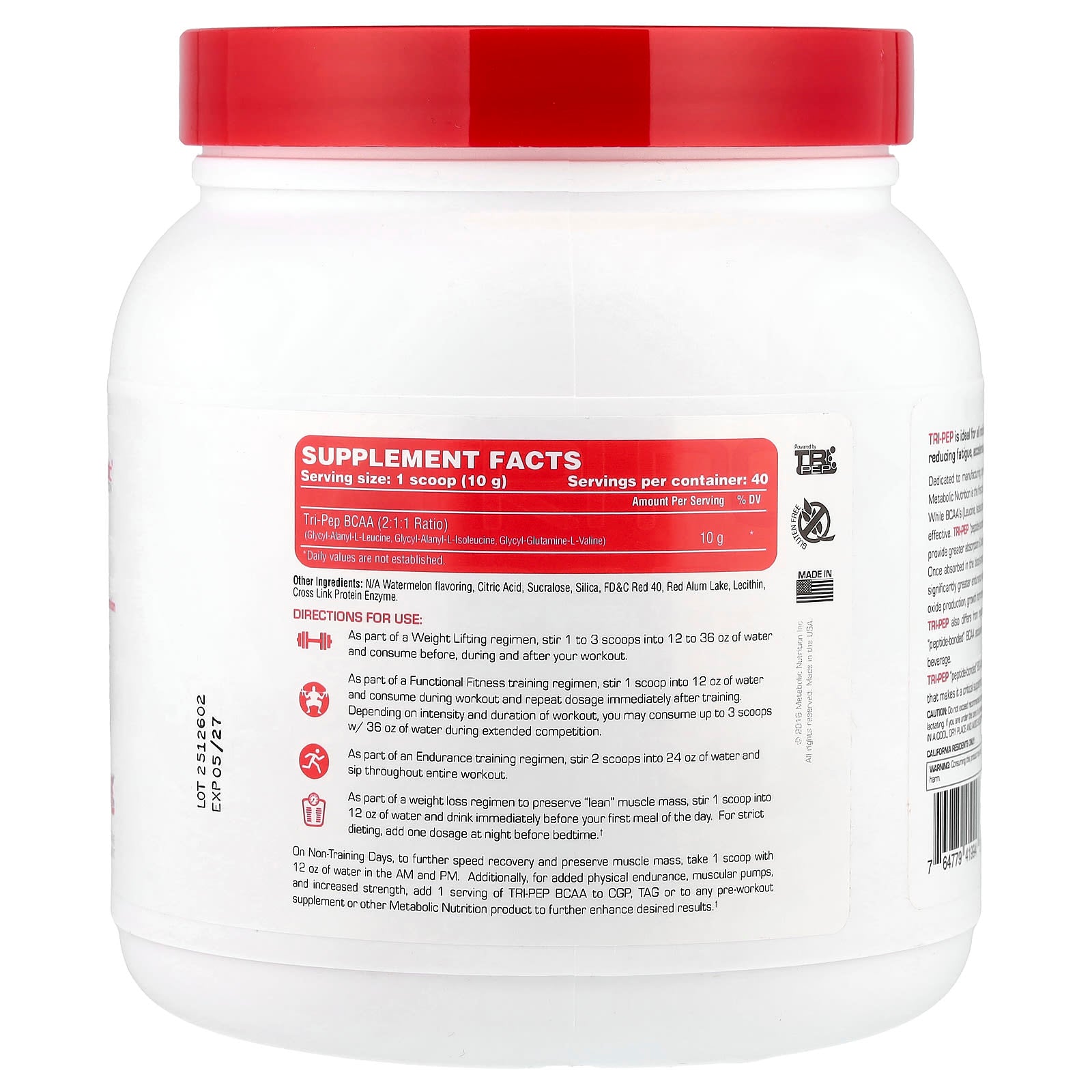 Metabolic Nutrition, Tri-Pep®, Branch Chain Amino Acid, Watermelon, 400 g